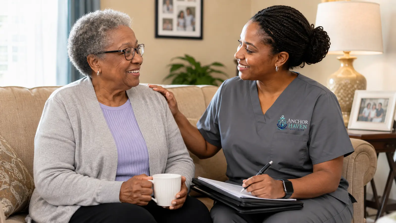 A caregiver taking notes beside an older woman holding a mug during a check-in visit.