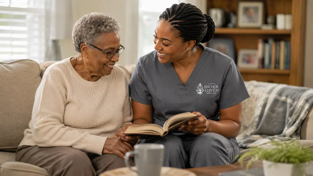 A caregiver reading aloud from a book beside an older woman on a sofa.