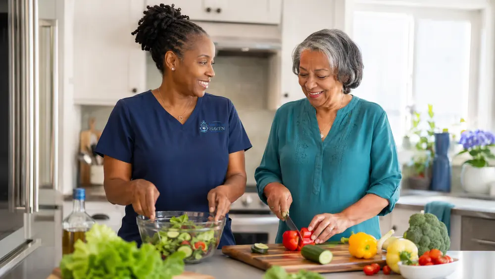 A caregiver and an older woman preparing a salad together at a kitchen counter.